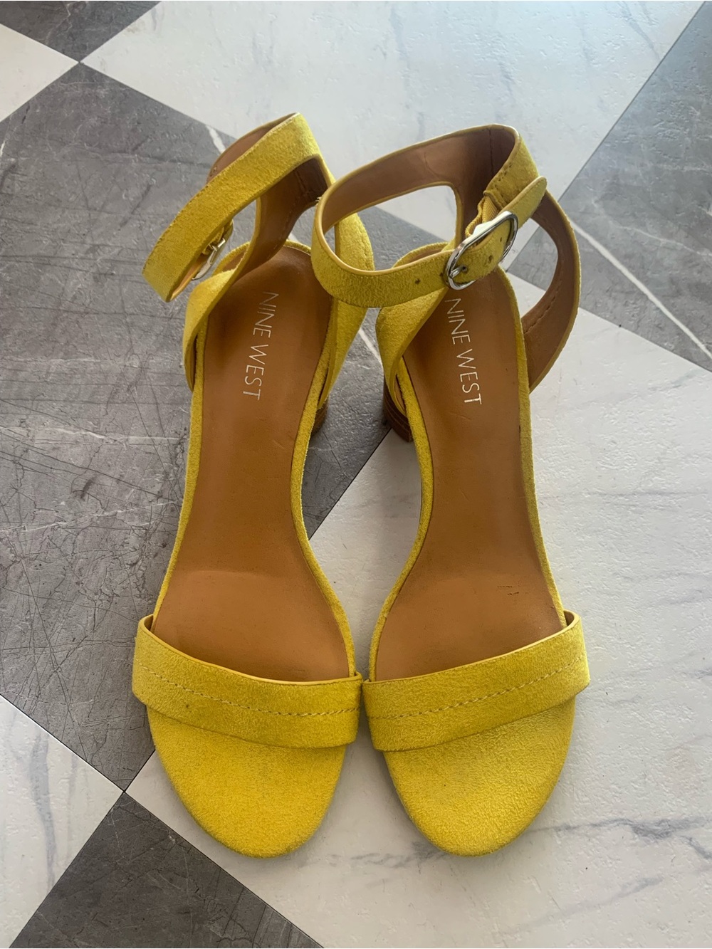 Nine West Yellow Suede Ankle-Strap Block Heel Sandals